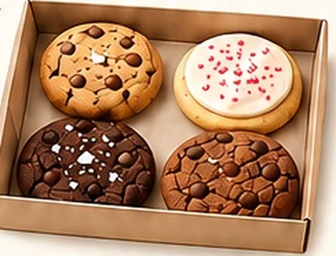 Kraft box holding one of each of the four cookie flavors