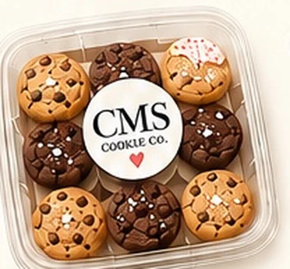 Clear box of twelve mini cookies with a CMS Cookie Co. sticker